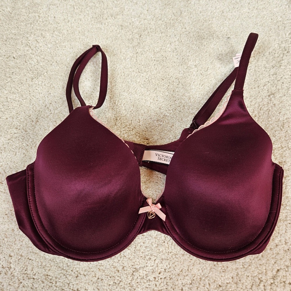 Victoria's Secret 34C Burgundy Satin Lightly Lined Underwire Demi Bra Pink Bow
